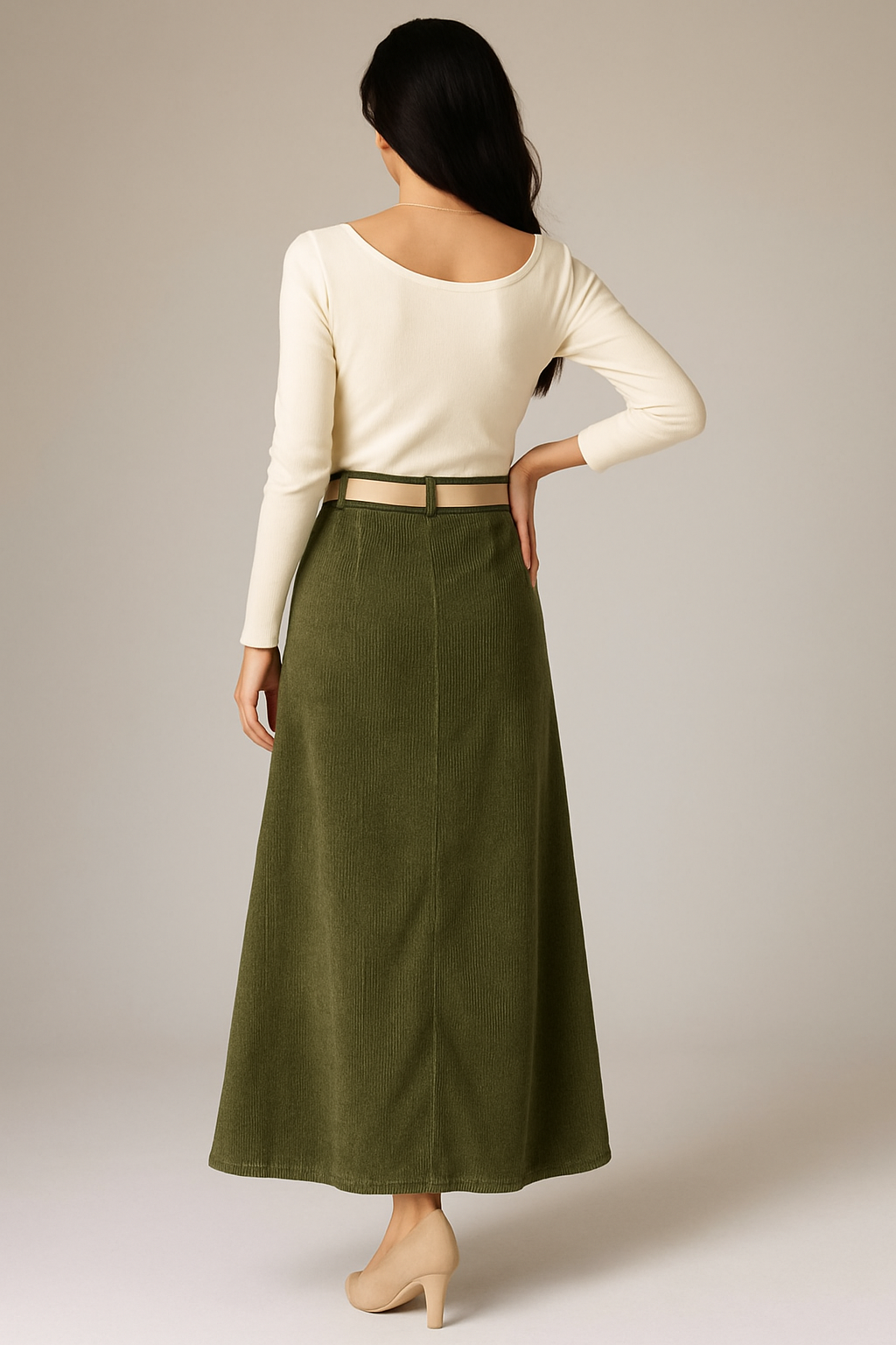 ARYLES    A-LINE CORDUROY OLIVE LONG SKIRT