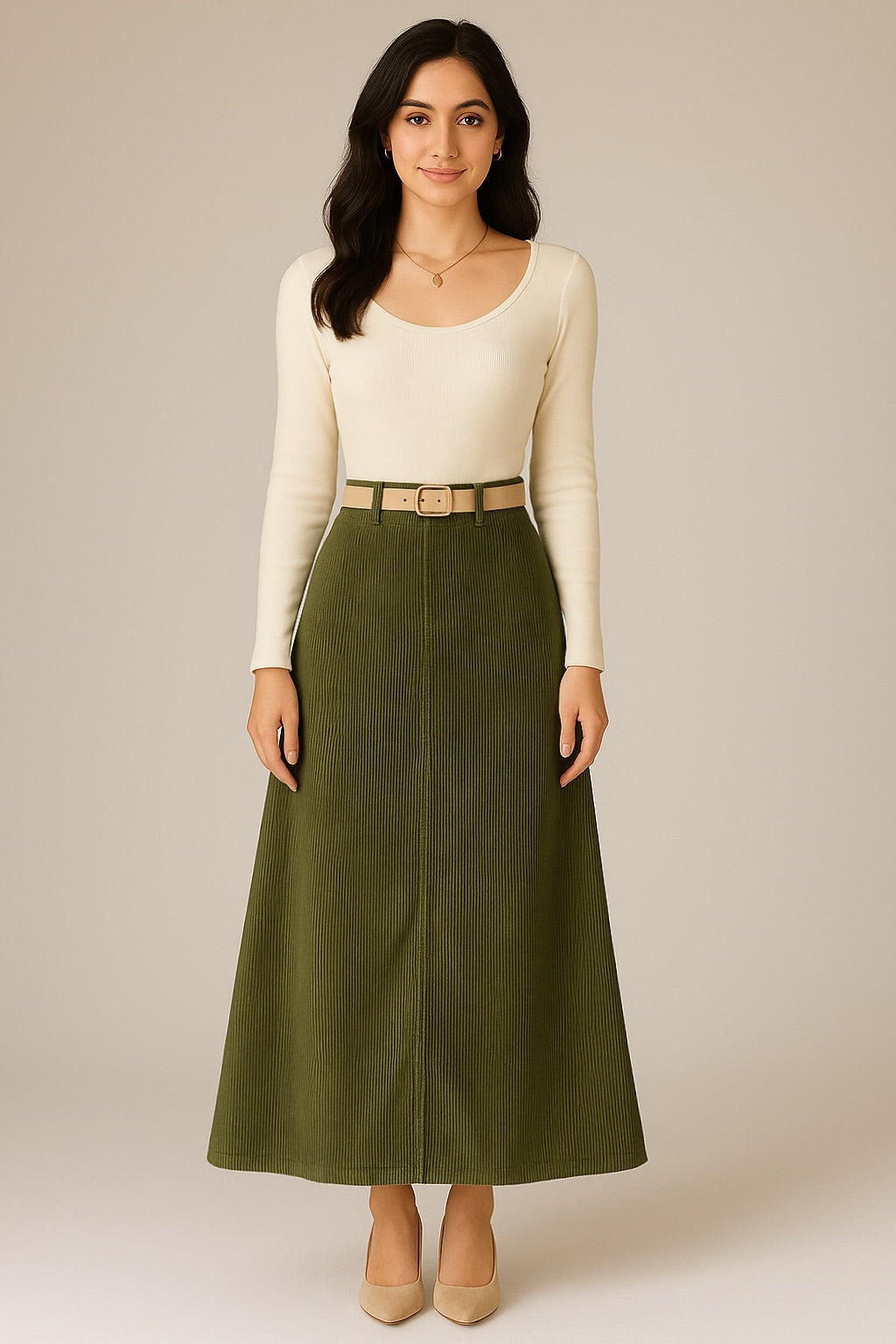 ARYLES    A-LINE CORDUROY OLIVE LONG SKIRT