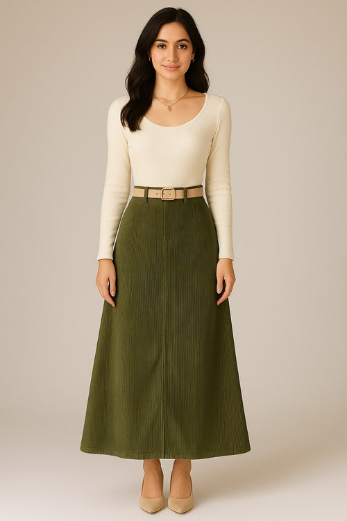 ARYLES    A-LINE CORDUROY OLIVE LONG SKIRT
